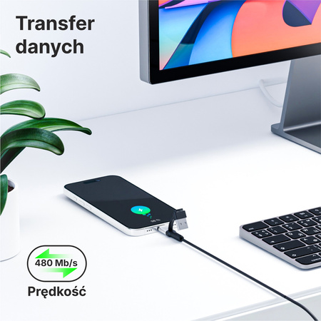 QUALO kabel silicon 2w1 USB-C - USB-C + USB-A  1,2m 3A czarny QKN-2w1-CCA-01