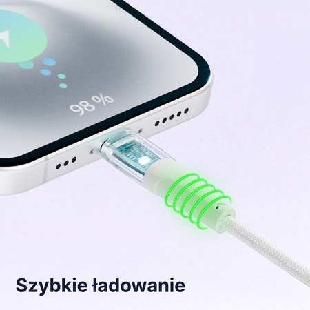 QUALO Transparent kabel nylonowy USB-C - Lightning 1,5m 2,4A biały QTCN-CL-00