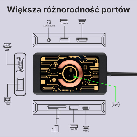 QUALO Transparentny HUB z funkcją ładowarki indukcyjnej szary QTPB5-HUB-18