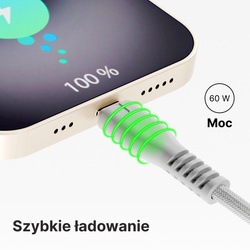 QUALO kabel nylonowy USB-C - USB-C 1,5m 3A 60W szary QKN-CC-18