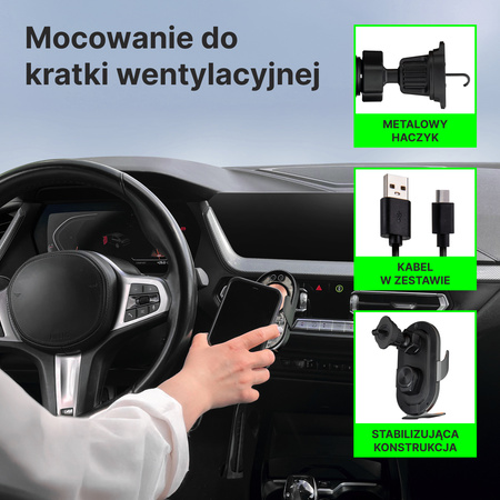 QUALO Transparent uchwyt samochodowy do kratki z ładowaniem indukcyjnym 15W szary QTUS-K-15-18