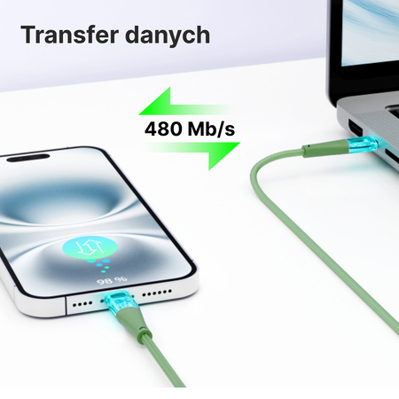 QUALO Transparent kabel nylonowy USB-C - Lightning 1,5m 2,4A zielony QTCN-CL-04