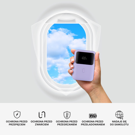 QUALO power bank 10000 mAh mini z LED 20W liliowy QPB10-LD-20-09