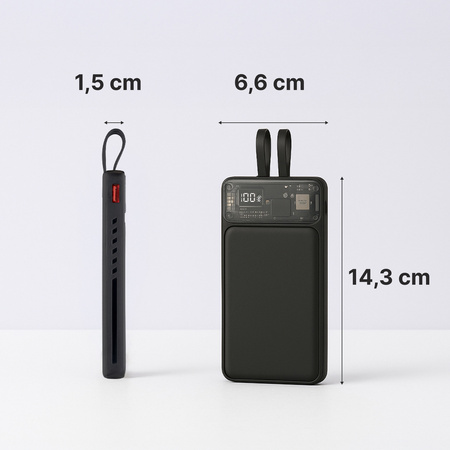 QUALO Transparent power bank 10000 mAh PD z LED 22.5W czarny QTPB10-LD-23-01
