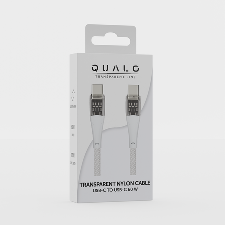QUALO Transparent kabel nylonowy USB-C - USB-C 1,5m 3A 60W biały QTCN-CC-00