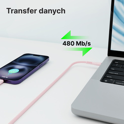 QUALO kabel nylonowy USB-C - Lightning 1,5m 2,4A rożowy QKN-CL-16