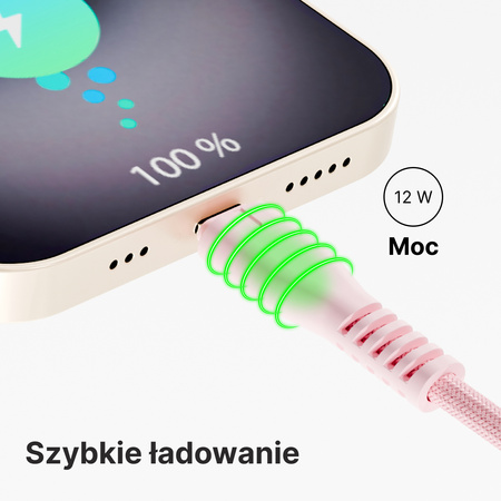 QUALO kabel nylonowy USB-C - Lightning 1,5m 2,4A rożowy QKN-CL-16