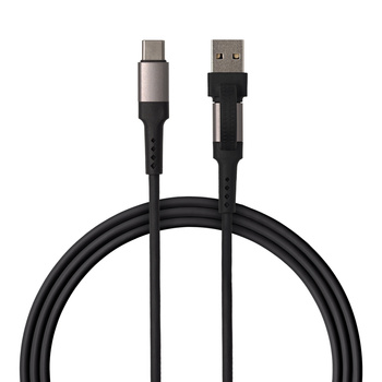 QUALO kabel silicon 2w1 USB-C - USB-C + USB-A 1,2m 3A czarny QKN-2w1-CCA-01