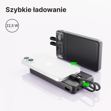 QUALO Transparent power bank 10000 mAh PD z LED 22.5W czarny QTPB10-LD-23-01