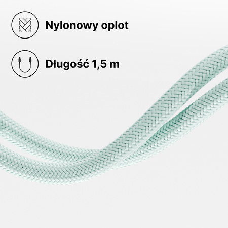 QUALO kabel nylonowy USB-C - USB-C 1,5m 3A 60W miętowy QKN-CC-21